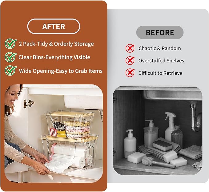 VOOWO Trash Bag Holder, 2 Pack Clear Trash Bag Dispenser with Plastic Lid | Stackable Trash Bag Organizer Fit 13/30 Gallon Bags, Clear Organizer Bins Under Sink for Pantry Kitchen Laundry Room Cabinet