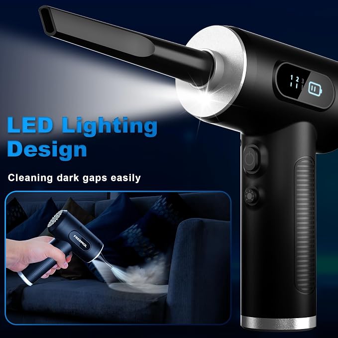 FRESMOL Compressed Air Duster, Rechargeable Cordless Electric Air Blower | 3-Gear Adjustable, 100000RPM, Smart LED Display, LED Light, Keyboard, PC, Car, Home Cleaning, Replaces Canned Air, Black