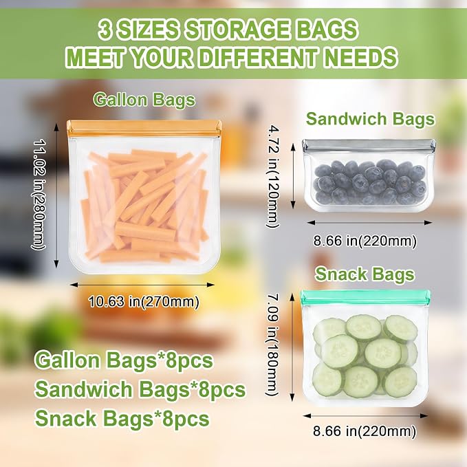 24 Pack Silicone Bags for Food Storage,Freezer,Microwave & Dishwasher Safe,Leakproof Food Storage Bags,Reusable Freezer Ziploc Bags,Sandwich Snack Baggies-8 Gallon 8 Snack 8 Sandwich Bags,3 Colors