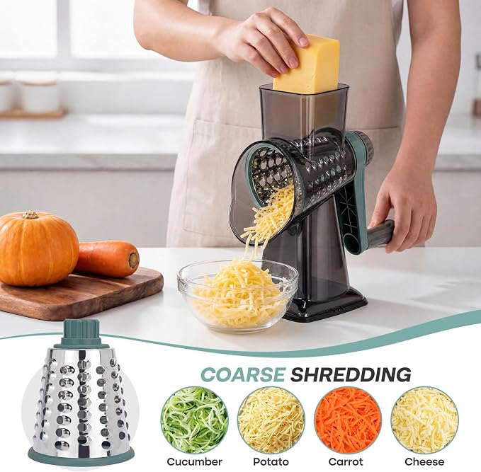 Rotary Cheese Grater,Cheese Shredder Hand Crank, Manual Cheese Grater for Veggies, 3-Blade Grater, Home Kitchen Appliances and Kitchen Gadgets (Blue)