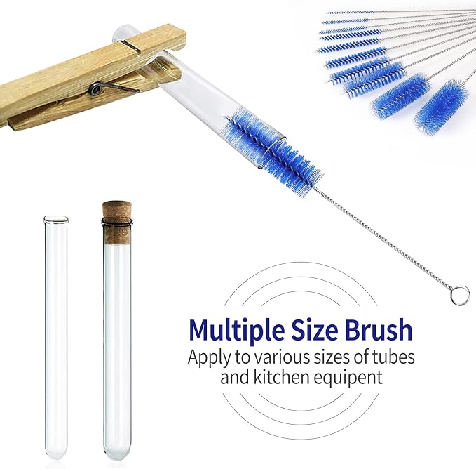 CiaraQ Bottle Cleaning Brushes, 8 Inch Nylon Tube Brush Set | Navy Blue Cleaner for Narrow Neck Bottles Cups with Hook, Set of 10pcs.