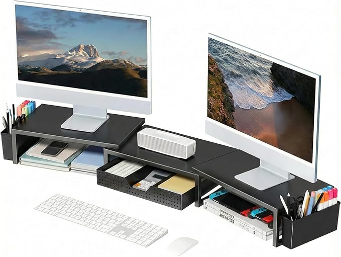 OPNICE Desk Organizers and Accessories, Dual Monitor Stand Riser with Drawer and 2 Pen Holders, Desk Shelf Computer Racks for Office Workspace Organizers, Desktop Organization (Black)