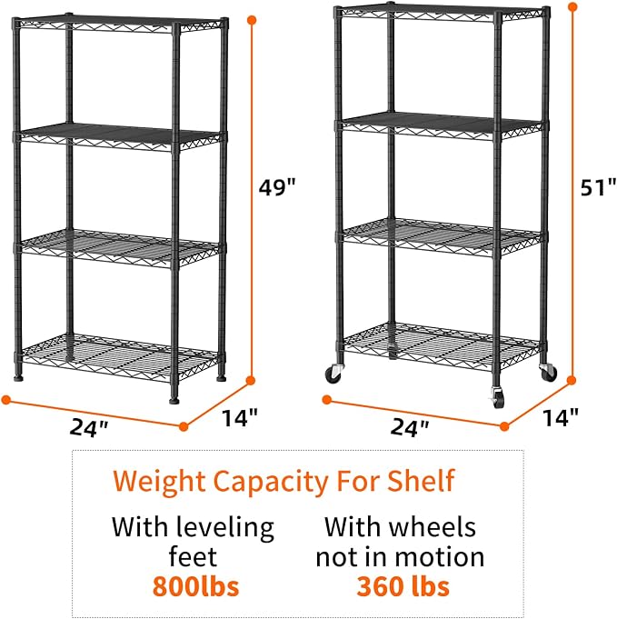 SINGAYE 4 Shelves Storage Wire Shelf Closet Metal Shelving Pantry Wheels | Shelf Bathroom Organizers Metal Kitchen Garage Shelving Unit Laundry Room Organization Home Rack Net Basket with Wheels