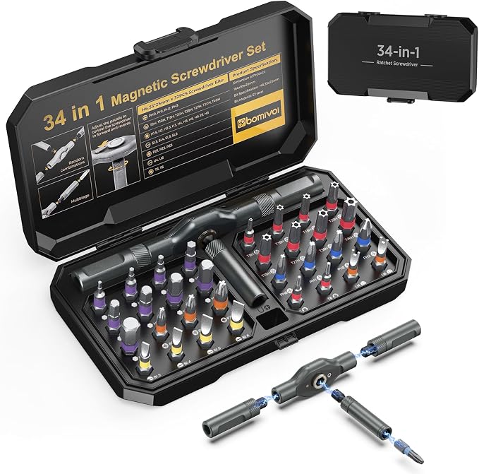 Magnetic Screwdriver Set 34 in 1, New DIY Ratchet Screwdriver Set with 32 PCS Bits, T Handle, Storage Case, Portable Repair Tool Kit for Men Valentine's Day Gifts Furniture, Computer, Bicycle