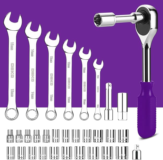 DEKOPRO Tool Set: 228 Piece Home Tool Kit, Household Basic Repair Tool Set Comes with Storage ToolBox, Socket Wrench Set for Car, Hand Tool Box Set for Home - Purple