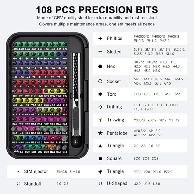 Mini Precision Screwdriver Set with Color-coded Identification, 132 in 1 Micro Magnetic Repair Tool Kits with Storage Box, 108 Bits,Small Manual Screw Driver Toolkits for iPhone/Mac/iPad/Table