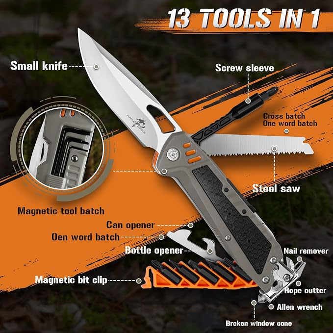 Purple Dragon Multitool, 13-in-1 Pocket Knife with Sheath Grey | Stainless Steel, Auto Lock, Gift Box, Pocket Size, Perfect for Camping, Hiking & Outdoor Use