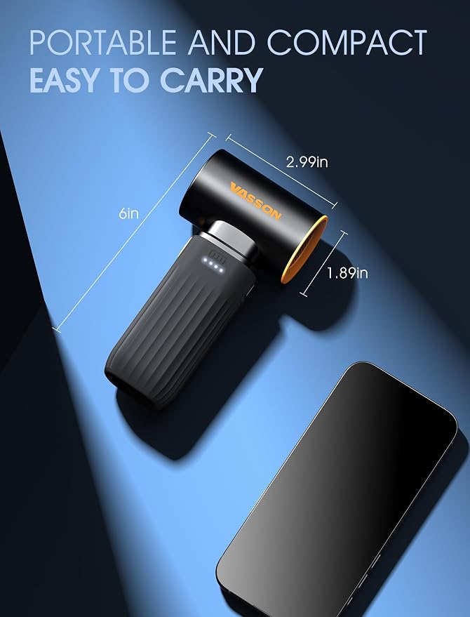 VASSON Compressed air Duster High-Speed Brushless Motor, 3-Speed Adjustable | 5 different nozzles Type-C fast charging Powerful Dust Cleaner for Keyboard, Computer, Car, Outdoor, Air Bed
