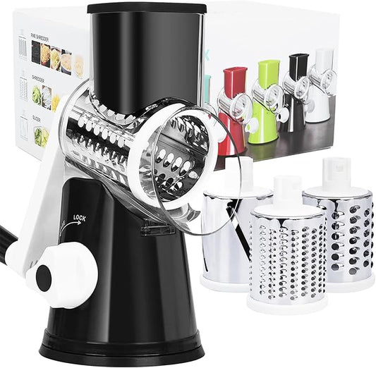 Rotary Cheese Grater with Handle, Kitchen Mandoline Vegetable Slicer with 3 Interchangeable Blades & Strong Suction Base, Easy to Clean Grater for Vegetables, Fruit, Nuts, Black