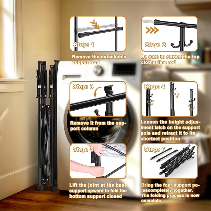 Portable Foldable Clothes Drying Rack - Adjustable Double Extendable Rods (33.1” to 56.7”) -Portable Coat Rack for Travel, Camping, Drying, RV, Indoor, Outdoor, Easy Assemble (Black)