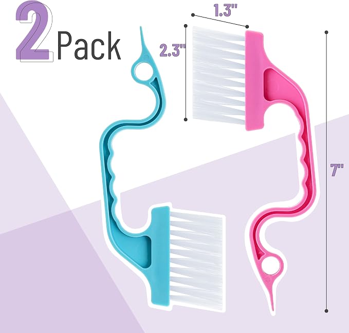 Slick- Window Track Cleaning Brush, 2 Pack, Blue/Pink Ergonomic Handle, Built-in Scraper, Multipurpose, Window Track Cleaning Tools