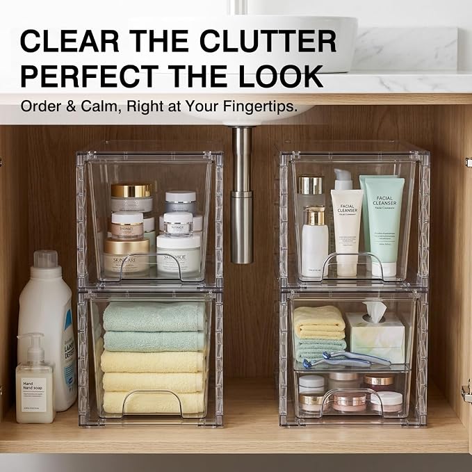 Stackable Storage Drawers 4 Pack 7in Under Bathroom Sink Organizer Boxes