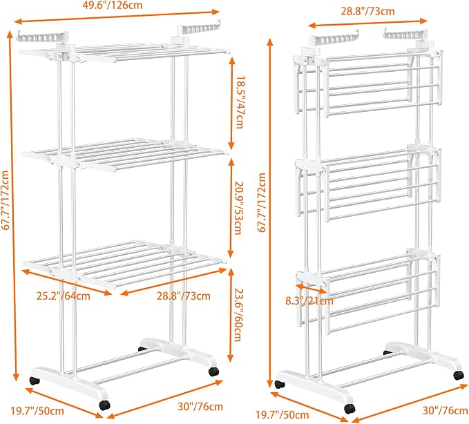 HOMIDEC Clothes Drying Rack, 4-Tier(67.7" H) Foldable Drying Rack Clothing | Foldable Stainless Steel Drying Rack, Movable Laundry Drying Rack with 4 Castors and 14 Hooks for Bed Linen, Clothing, White