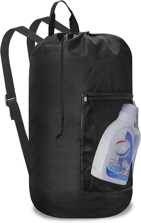 Laundry Bag Backpack Durable Laundry Bag with Shoulder Straps and Mesh Pockets Portable Laundry Hamper Dirty Clothes Bag for College, Travel, Laundromat, Apartment (Black)