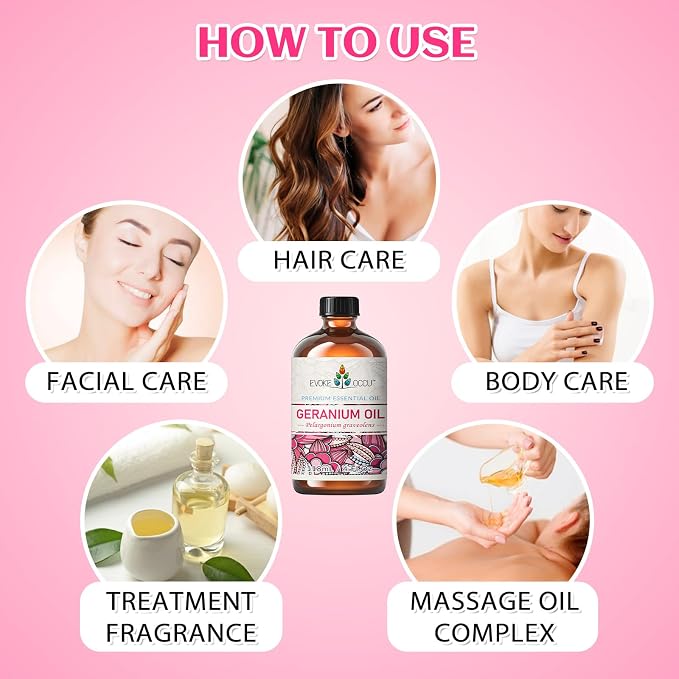 EVOKE OCCU Geranium Essential Oil for Skin & Aromatherapy | Relaxing Scent for Hair Scalp Care, Diffuser, Massage, DIY Soap Candle & Home Cleaning - 118ml / 4 fl oz