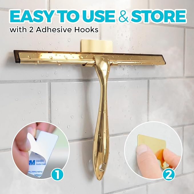 ALFLOD 2pcs Shower Squeegee for Glass Doors with Adhesive Hanging Hook Set | 10” gold, bathroom accessories, window cleaner, new home essentials, soft rubber blade, metal handle, ergonomic grip
