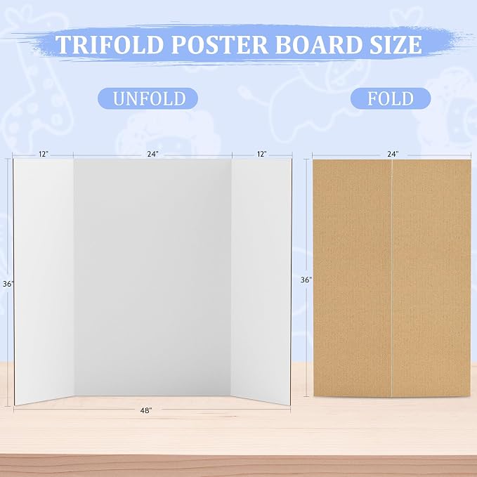 AKONEGE 4 Pack 36" x 48" Trifold Poster Board for Presentation, White Corrugated Cardboard Large Tri Fold Poster Board for Science Fair, Office & School Projects, Photo Displays, Exhibitions Event