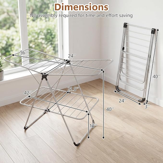 Giantex Foldable Clothes Drying Rack, 2-Tier Aluminum Laundry Drying Rack with Adjustable Wings, Freestanding Airer, Space-Saving, Portable Clothing Dryer Stand for Indoor and Outdoor Use