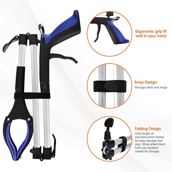 43" Grabber Reacher Tool for Seniors 2 Pack, Foldable Reacher Grabbers Pickup Stick with Anti-Slip 90°Rotating Jaw, 4" Wide Extended Claw with Magnet for Disabled, After Surgery Recovery