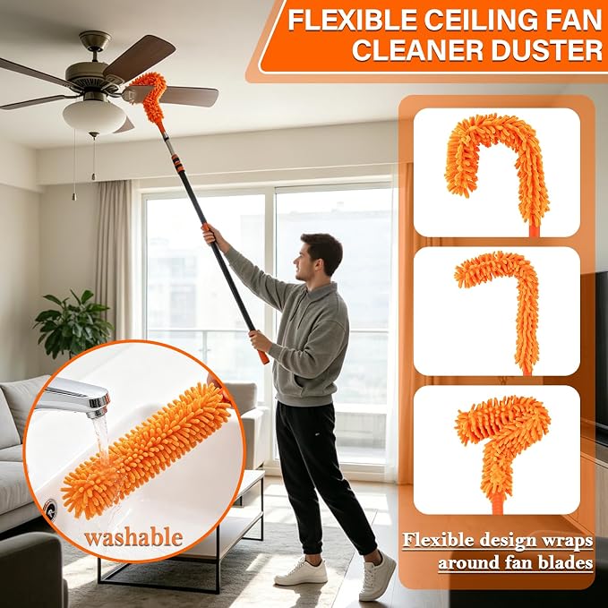 26FT High Ceiling Duster with Extension Pole,High Reach Duster Cleaning Kit | Ceiling Fan Cleaner Duster, Cobweb Dusters & Window Cleaning Squeegee Kit for Fan Blades, Furniture, Corner, Long Dusters