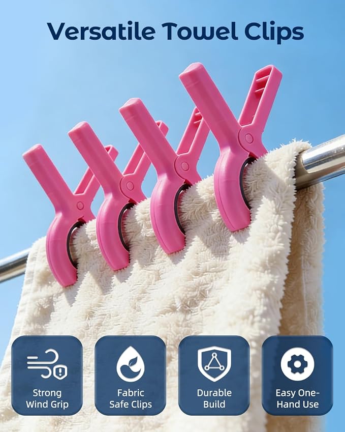 20 Pack Beach Towel Clips Heavy Duty Large Beach Essentials Chair Pool Clip | Pink Clips with Strong Grip, Silicone Protection, Rust Resistant Spring, Multi-Use for Beach, Boat, Cruise & Outdoors