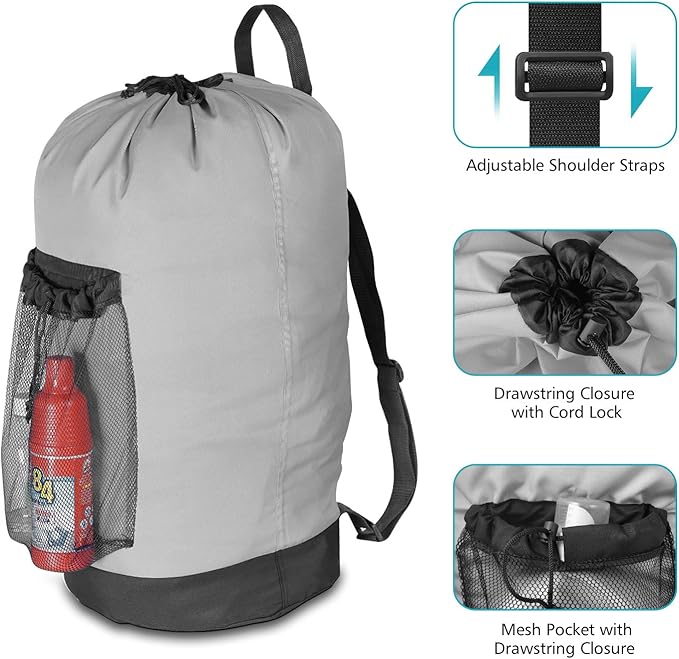 Backpack Laundry Bag, Laundry Backpack with Shoulder Straps and Mesh Pocket Durable Nylon Clothes Hamper Bag with Drawstring Closure for College, Travel, Laundromat, Apartment