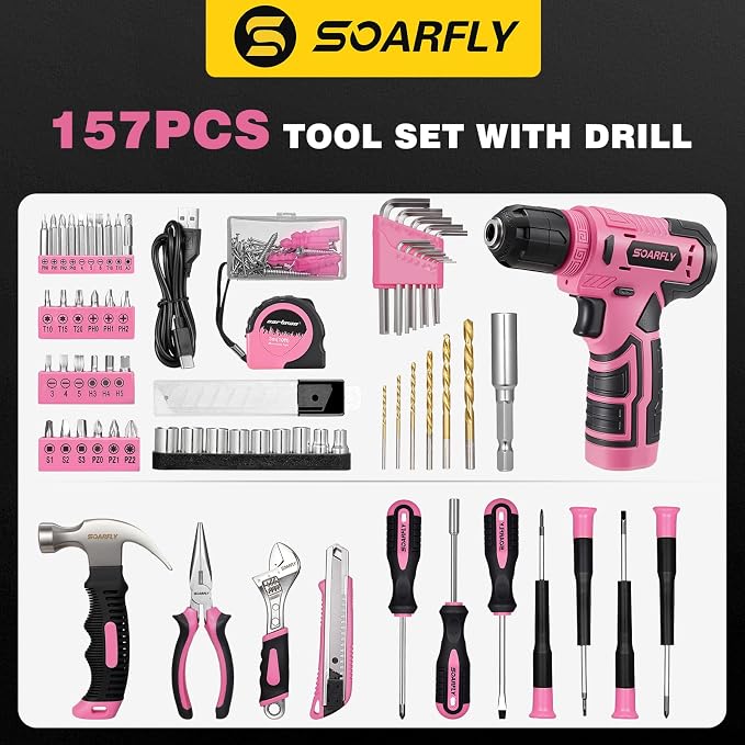 Tool Set, Tool Kit for Home, 8V Cordless Drill Set, 157PCS Tool Kit with Drill, General Household Hand Tool Box with Storage Case, Power Drill Kit for Women and Men, Home Maintenance and Repairs(Pink)