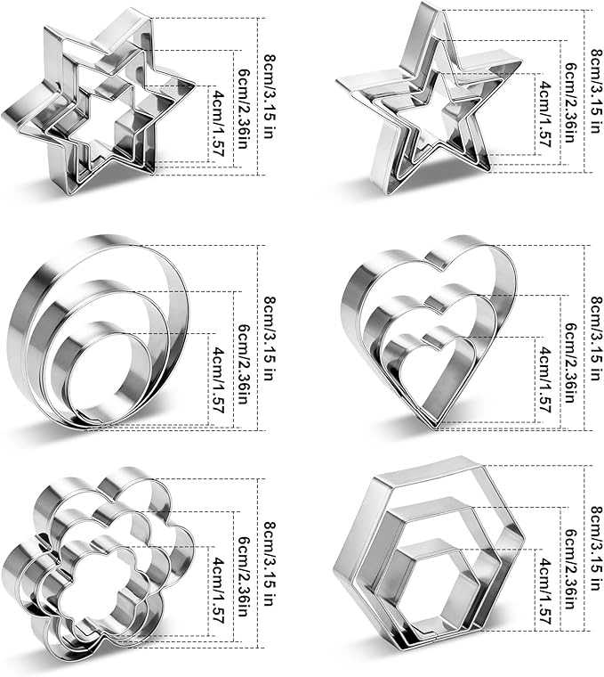 18Pcs Cookie Cutters Set,Stainless Steel Biscuit Cutter Shapes with Heart,Star, Flower, Round,Hexagon,Large Small Mini Sizes Variety Pack Cookie Molds for Baking,Sandwiches, Cake,Fruit,Veggie