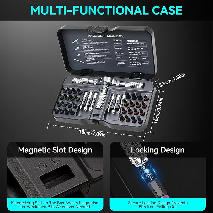 40-in-1 Precision Magnetic Ratchet Screwdriver Set with Case, Multi-Bit Screwdriver Kit with Torx & Hex Bits for Electronics Repair, Furniture Assembly & Home DIY (40PCS)