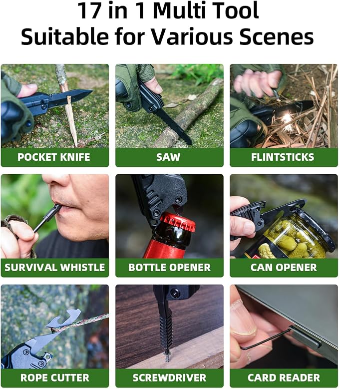 17 in 1 Multitool Knife Fire Starting Stick Bottle Opener Saw for Camping | Screwdrivers Whistle Window Breaker for Hiking, Outdoor, Survival and Everyday Use Gifts for Men Dad