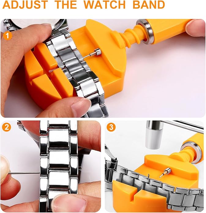 Watch Link Removal Kit，Professional Pin Remover and Band Adjuster | Resizing Tool And Repair Set for Bracelet Adjustment & Replacement with 6 Extra Pins，1 double-head hammer and 1 spring bar