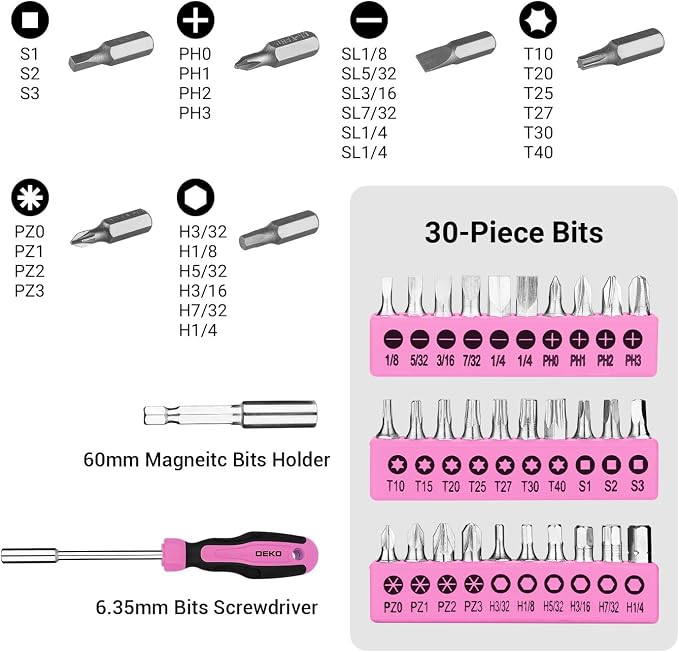 DEKOPRO 50 Piece General Household Hand Tool Kit with Plastic Toolbox Storage Case, All Purpose Home Tool Kit Includes Essential Tools for Office College Repairs - Pink