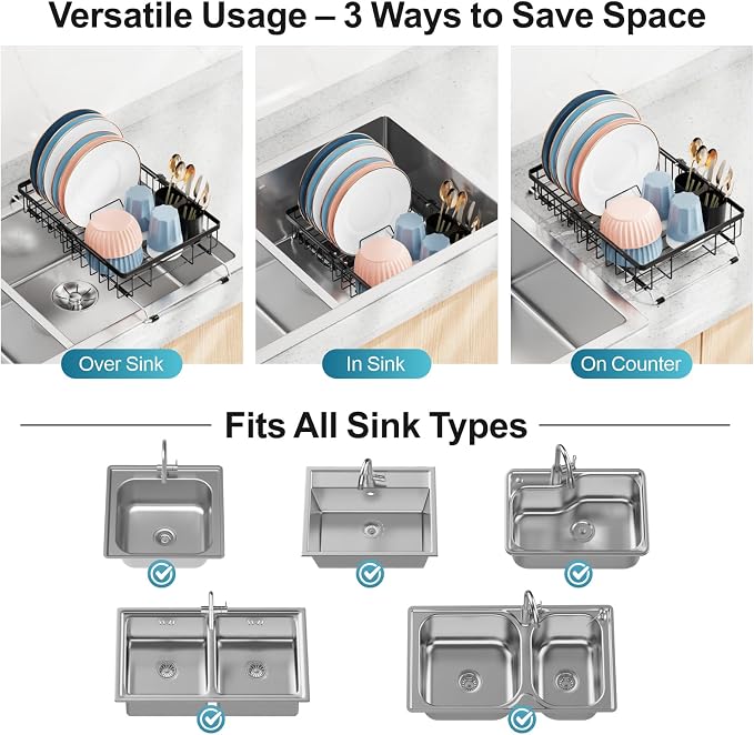 iSPECLE Over Sink Dish Drying Rack - Expandable Drainer for Kitchen, 12.7"W | Rust Resistant, Locking Knob Stability, for Small Kitchen, RV, Plates, Cups, Utensils, Black