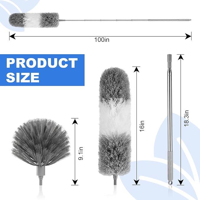 Dusters for Cleaning,Cobweb Duster Feather Duster with Extension Pole | Bendable Head Dusters for Cleaning Ceiling Fan, High Ceiling, Blinds, Furniture