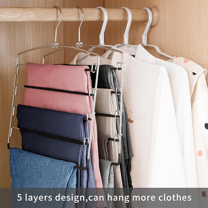 FeeraHozer Pants Hangers Non Slip 3 Pack Space Saving Hangers Multi-Layer Swing Arm Pants Hanger Stainless Steel Space Saver Hanger Closet Storage Organizer for Jeans Trouser Slacks Clothes (Black)