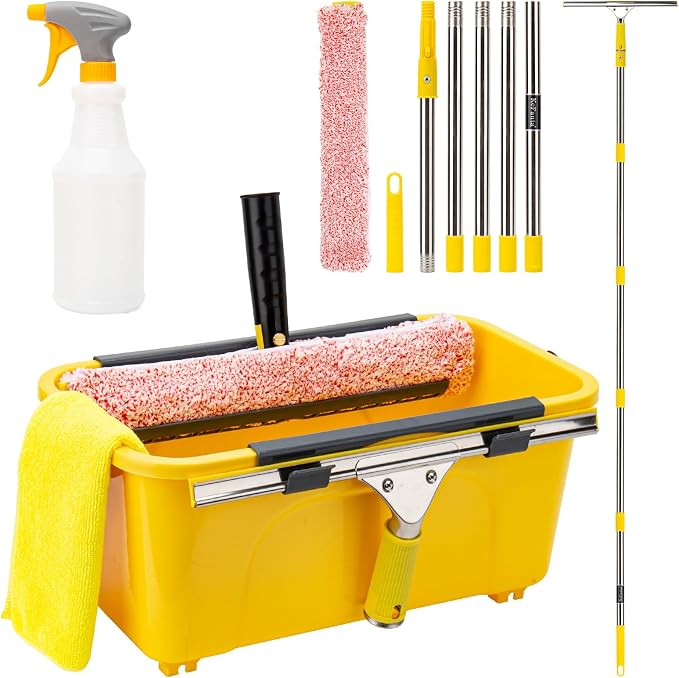 Professional Window Cleaning Kit with Bucket 3 Gallon,Window Washing Kit with 6FT Extension Pole,14" Squeegee,15" Scrubber,Spray Bottle,Window Washing Equipment Cleaning Tool for Outdoor Home