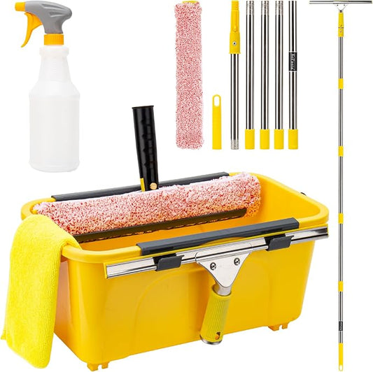 Professional Window Cleaning Kit with Bucket 3 Gallon,Window Washing Kit with 6FT Extension Pole,14" Squeegee,15" Scrubber,Spray Bottle,Window Washing Equipment Cleaning Tool for Outdoor Home
