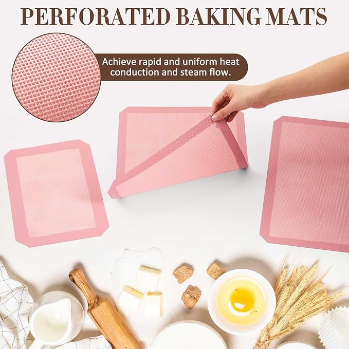 3 Pack Perforated Baking Mat, Eclair Pink Silicone Non Stick Baking Mats 2 Half Sheets & 1 Quarter Sheet, Food Reusable Safe Oven Liners Mats for Cookie Bread Pizza Pastry 16.5" x 11.6"pink