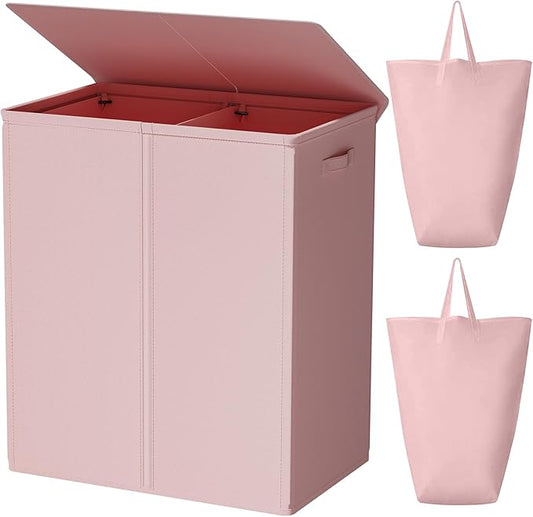 WOWLIVE 154L Double Laundry Hamper 2 Section with Lid and Removable Bags | Divided Laundry Basket, Large Dirty Clothes Hamper with Handle, Collapsible Laundry Storage for Dorm Room, College, Pink