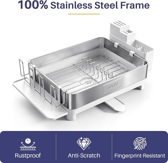 SNTD 304 Stainless Steel Dish Drying Rack for Small Kitchen Counter, White | Rustproof, Large Capacity, Heavy-Duty Frame, Rotating Spout, Angled Drainboard, Removable Cup & Utensil Holder