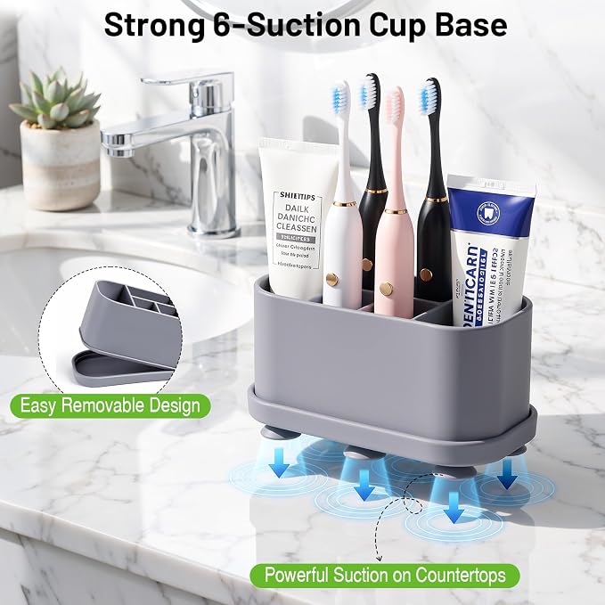 Luxspire Toothbrush Holders for Bathrooms, Silicone, 5 Slots, Gray | Toothbrush Organizer with Suction Cup Tray, Toothbrush Holder with Drainage for Bathroom Countertop