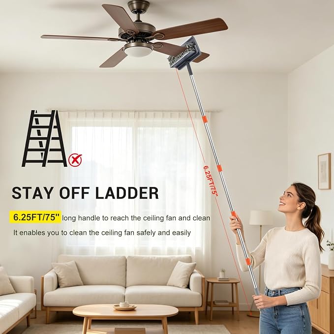 4 in 1 Fan Duster, Ceiling Fan Blade Cleaner with 76“ Long Handle | 360° Reusable Ceiling Fan Cleaners for Blades, Chenille Duster Cleaner Kit for Baseboard, Wall, Floor, Window