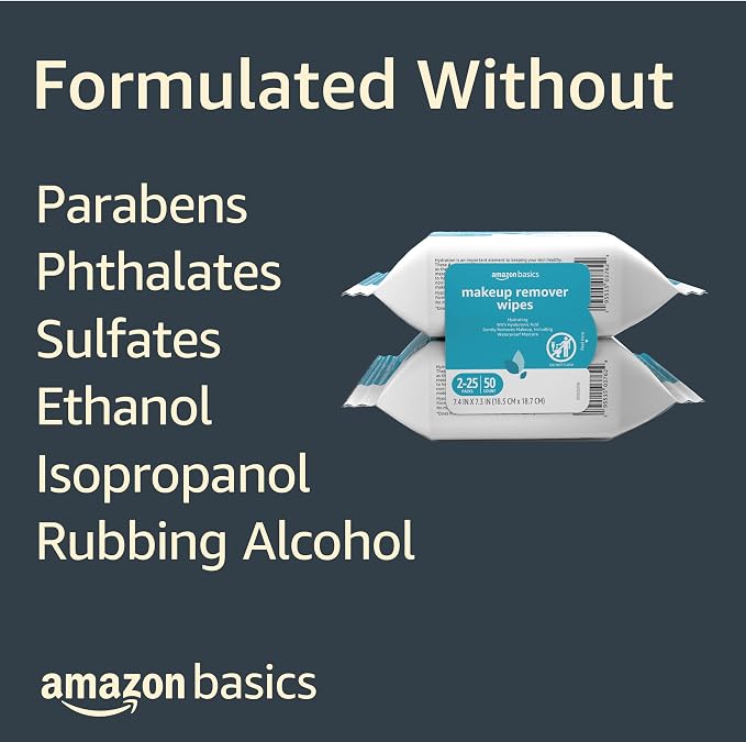 Amazon Basics Makeup Remover Wipes, Hydrating Facial Cleansing, Hyaluronic Acid, Dermatologist Tested, Plant Based, Alcohol-Free, Removes Waterproof Mascara, 25 Count, 2-Pack