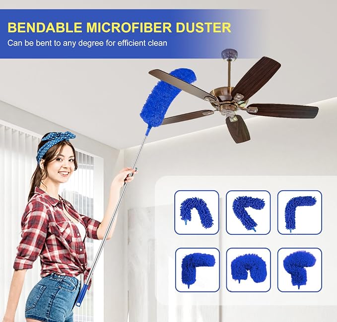 Duster with Extension Pole for High Ceilings & Ceiling Fans, Cobweb Duster | 30-100" Stainless Steel Pole, Bendable Washable Heads, Cobweb and Gap Cleaning, Detachable Heads, Complete 6-Piece Duster Kit