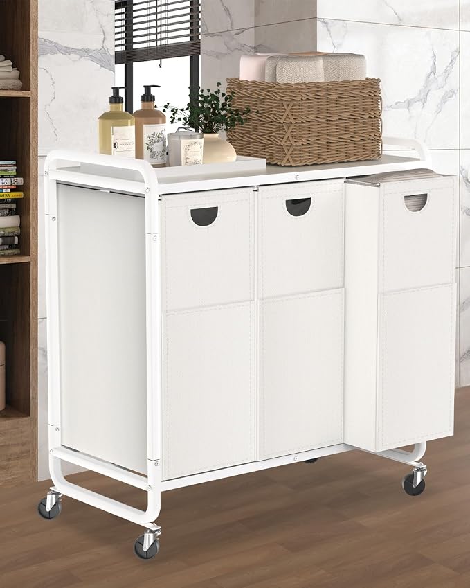 Laundry Hamper 3 Section,Laundry Basket with Wheels,3×15.8 Gal (60L) White | Laundry Room Organization with Wooden Desktop Shelf,Pull-Out and Removable 900D Oxford Fabric Laundry Bags for Laundry Room
