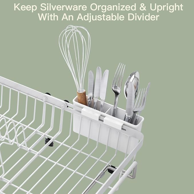 MAJALiS White Dish Drying Rack Over The Sink with Utensil Holder | Expandable Stainless Steel Dish Drainer for Small Kitchen, Apartment, RV, Counter Space Saving, Perfect Fit, Rustproof