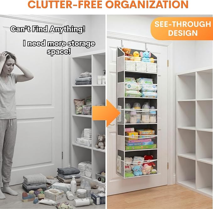 Ofiray-home 2P 5Tiers Over Door Organizer,Weekly Clothes Organizer for Kids | 5 clear PVC front pockets, 10 mesh side pockets, weekly outfit planner, for kids, dorm, entryway, RV, 50 lbs capacity
