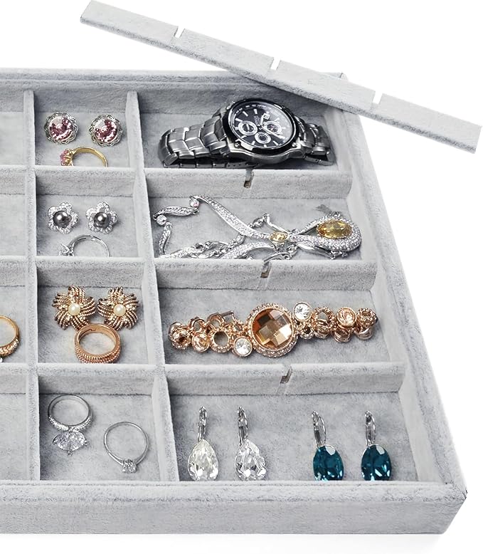Oirlv Velvet Jewelry Tray for Drawer,Rings Earrings Organizer,24 Grids | Stackable and Portable, Ideal for Retail Showcase, Trade Shows and Personal Jewelry Collection,Fits Nicely in Dresser Drawer