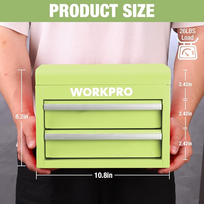 WORKPRO Metal Mini Tool Box with 2 Drawers and Top Storage | Cold Rolled Steel Toolbox, Ball Bearing Slides, PVC Drawer Liners, PP Feet Pads, Durable Storage