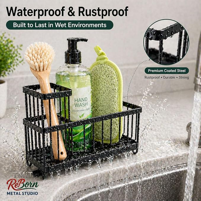 Kitchen Sink Caddy Matte Black, Stainless Steel Sponge Holder with Drainage Tray, Sink Organizer for Sponges, Brushes & Soap, Countertop Storage Rack, 9.4 x 4.7 x 6.5 Inch